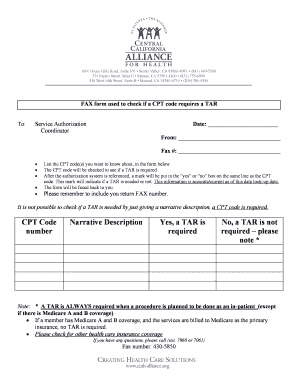 CPT Code TAR Check Fax Form
