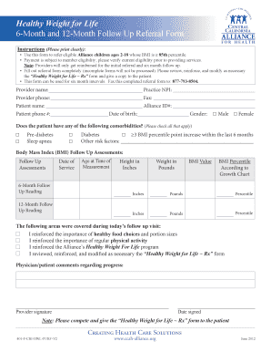 Healthy Weight for Life Follow Up Referral Form