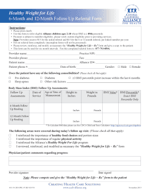 Healthy Weight for Life Follow Up Referral Form