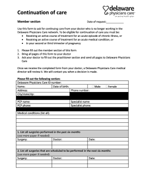 Delaware Physicians Care Continuation of Care Form