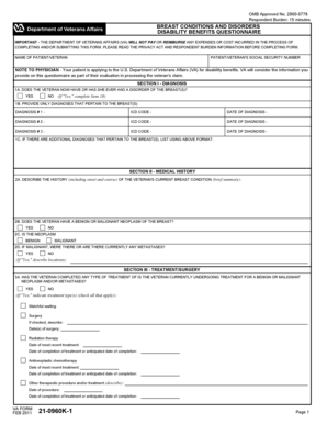 VA Form 21-0960K-1 Breast Conditions and Disorders Disability Benefits Questionnaire