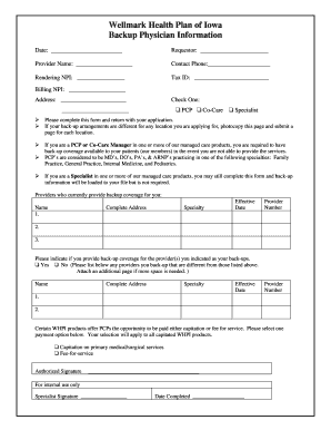 Wellmark Health Plan Backup Physician Information Form