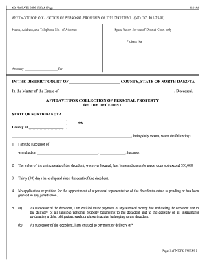 North Dakota Affidavit for Collection of Personal Property