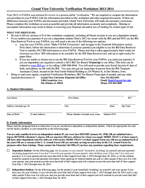 Grand View University Verification Worksheet
