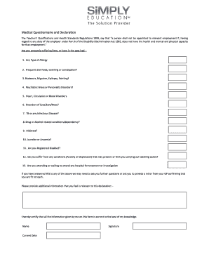 Teacher Medical Questionnaire and Declaration