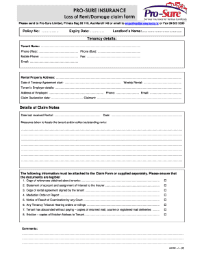 Pro-Sure Insurance Loss of Rent/Damage Claim Form