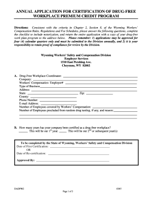 Wyoming Drug-Free Workplace Certification Application