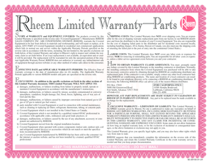 Rheem Limited Warranty Parts