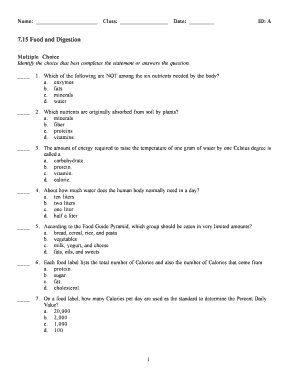 Food and Digestion Multiple Choice Test