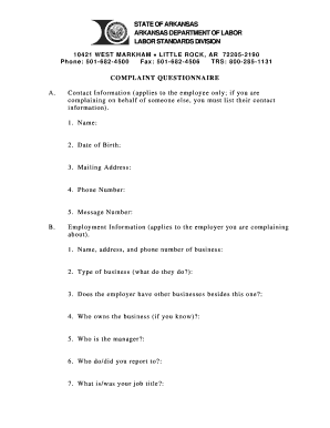 Arkansas Labor Standards Complaint Questionnaire