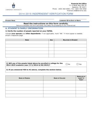 2014-2015 Independent Verification Form
