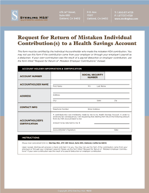 Request for Return of Mistaken Individual Contribution to HSA