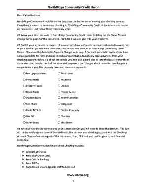 NorthRidge Community Credit Union Account Transfer Kit