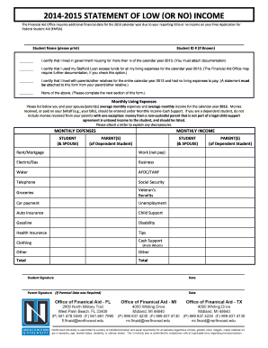 2014-2015 Statement of Low or No Income