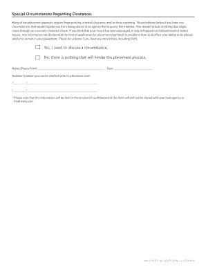 Special Circumstances Regarding Clearances Form