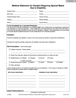 Medical Statement for Student Requiring Special Meals Due to Disability