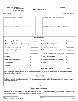 Michigan Taxation of Costs Form