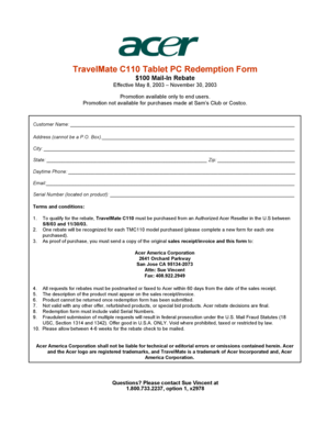 TravelMate C110 Tablet PC Redemption Form