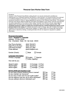 Personal Care Worker Data Form