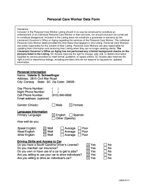 Personal Care Worker Data Form