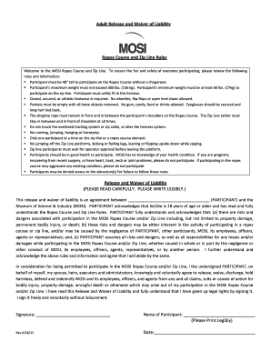 Adult Release and Waiver of Liability for Ropes Course and Zip Line