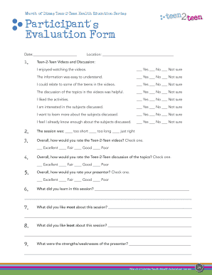Teen-2-Teen Health Education Evaluation Form