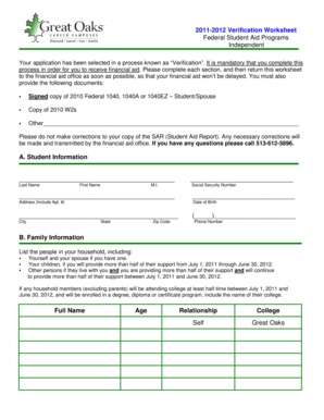 2011-2012 Verification Worksheet