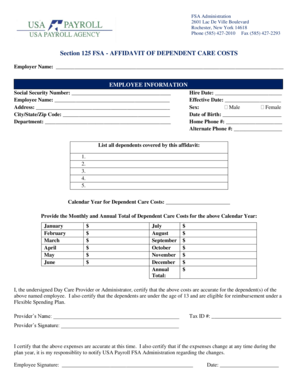Section 125 FSA Dependent Care Costs Affidavit