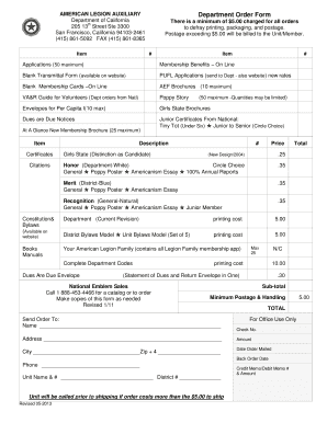 American Legion Auxiliary Department Order Form