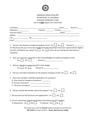 American Legion Auxiliary Emergency Fund Report Form