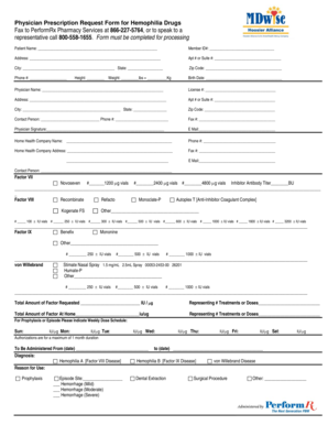 Physician Prescription Request Form for Hemophilia Drugs