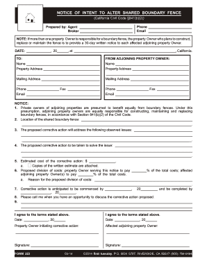 California Notice of Intent to Alter Shared Boundary Fence