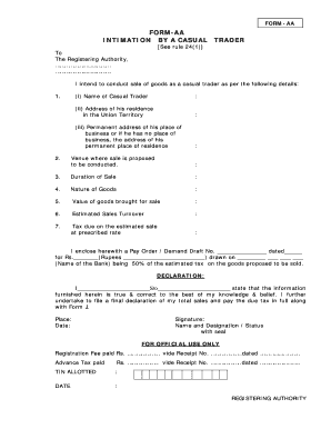 Form AA - Casual Trader Intimation