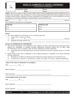 Notice of Elimination of Backup Contingency