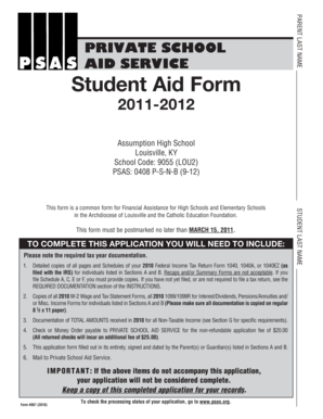 Private School Aid Service Student Aid Form