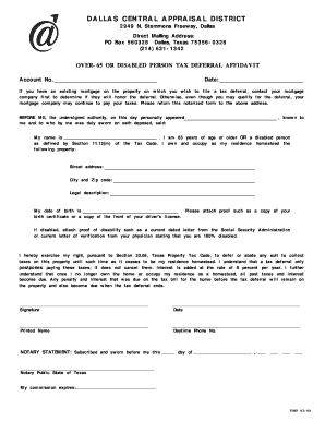 Texas Over-65 or Disabled Person Tax Deferral Affidavit