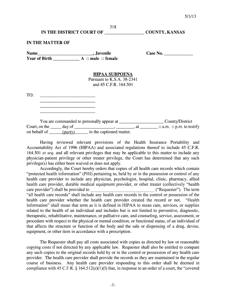 5 1 13 318 IN THE DISTRICT COURT OF COUNTY, KANSAS IN THE MATTER OF Name , Juvenile Year of Birth A  Preview on Page 1