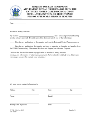 Request for Fair Hearing on Foster Care Program