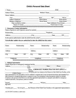 Child's Personal Data Sheet