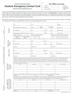 Broward County Student Emergency Contact Card