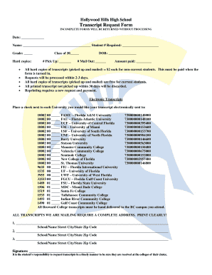 fillable online transcript request form hollywood hills high uf transcript request form