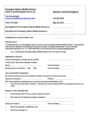 Pompano Beach Middle School Field Trip Permission Form To ...