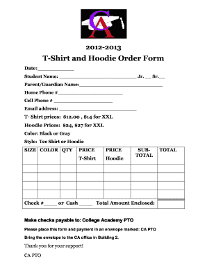 2012-2013 T-Shirt And Hoodie Order Form - College Academy At BC - Fill ...