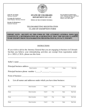 Colorado Telemarketing Registration Claim of Exemption Form