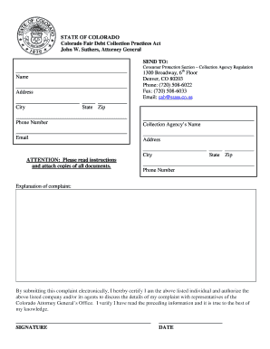 Colorado Fair Debt Collection Practices Act Complaint Form