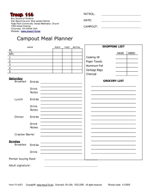 Printable grocery list - boy scout campout planning worksheet