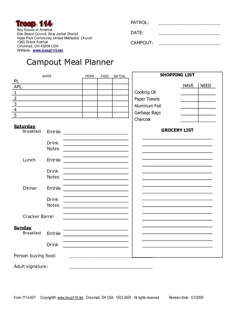 Campout Meal Planner Boy Scout Troop 114 Cincinnati Ohio 2020