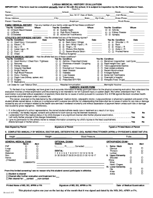 LHSAA Medical History Evaluation Form