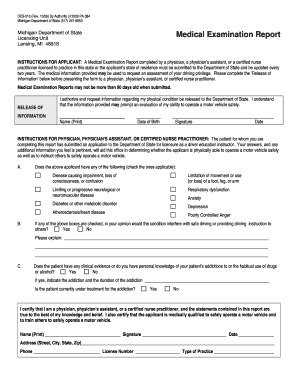 Michigan Medical Examination Report for Driver Education Instructors