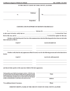 Certificate in Support of Motion for Default